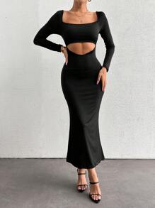 EURMUSE Square Neck Cut Out Front Bodycon Dress - Black - View 4