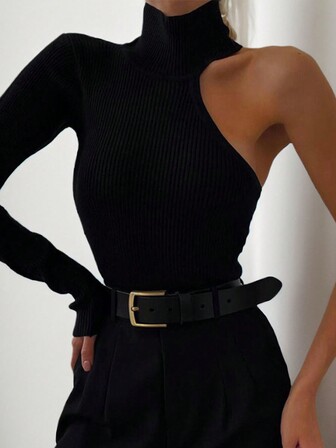 Fashionable Commuter Solid Color Stand Collar Asymmetric Bodysuit