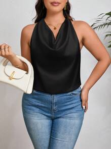 SHEIN Privé Plus Size Women Summer Solid Color Halter Draped Neck Tied Waist Simple Elegant Satin Blouse - Black - View 8