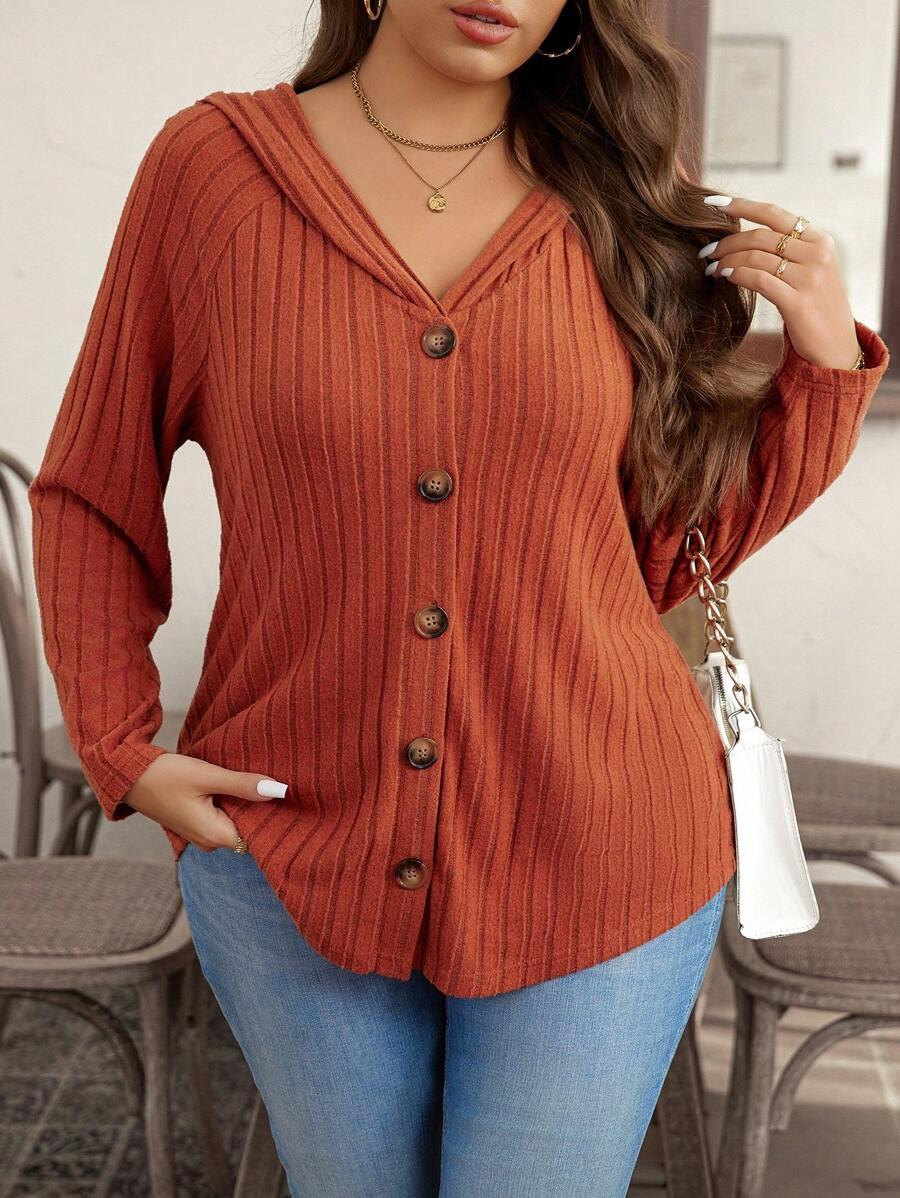 SHEIN LUNE 大码女式纯色简约日常拉链连帽衫 - 棕色 - 查看 1