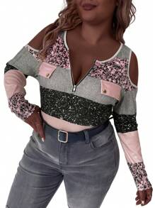 SHEIN LUNE Ropa de invierno para talla grande - Camiseta deportiva y casual de ajuste ceñido con cierre de cremallera, botones y estampado metalizado de lentejuelas con textura acanalada