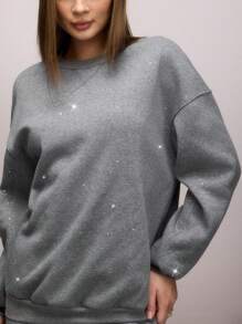 SHEIN SXY Quần áo mùa thu cho phụ nữ Áo nỉ dài tay rộng rãi đính đá Rhinestone cho ngày thường trở lại trường Áo nỉ ngoại cỡ mùa thu và đông Quần áo mùa thu cho phụ nữ - Xám - Xem 6