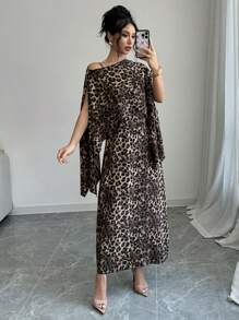 Calvaya Women Leopard Print Hooded Cape Dress Maxi Women Outfit