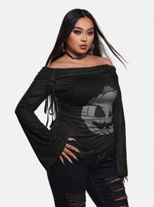 Mystic heart Artist Plus Size Y2K Halloween Pumpkin Print Long Sleeve T-Shirt, Women Top, For Holiday, Going Out, Festival, Graphic Tee - Black - View 4