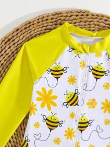 Traje de baño de una pieza para niñas, estampado de abeja lindo con cremallera, fácil de vestir, traje de baño para niños, de moda y casual, adecuado para nadar, vacaciones, verano - Multicolor - Ver 3