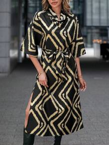 SHEIN Clasi Allover-Muster Damenkleid mit Schnürung und Seitenschlitz, lässige Alltagskleidung - Verschiedenfarbig - Übersicht 1