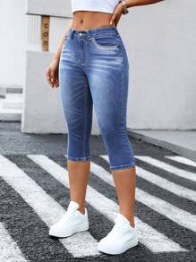 SHEIN Essnce Vaqueros casuales de tela vaquera de corte slim con bolsillos y cinturilla con botones para mujer