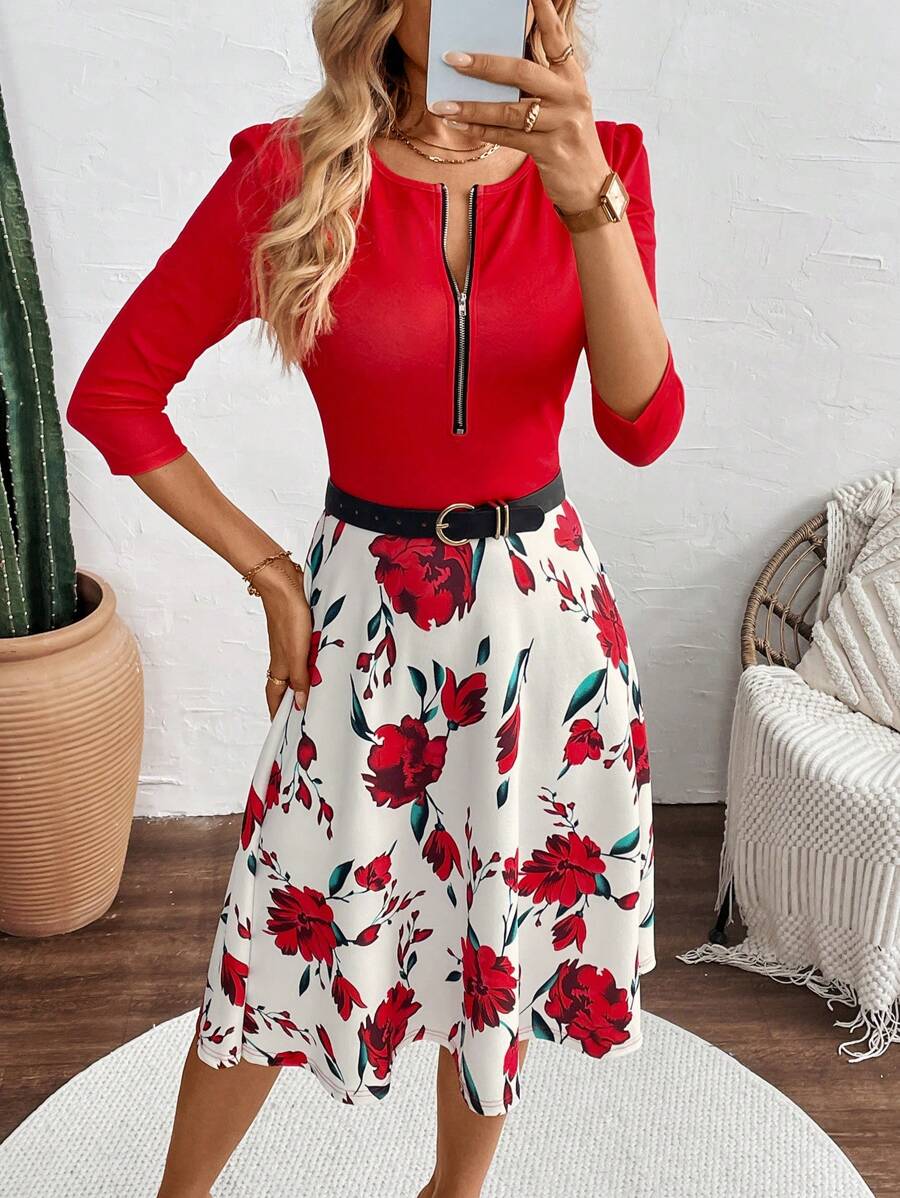 SHEIN Clasi 女式春夏时尚花卉印花拼色连衣裙 - 彩色 - 查看 1