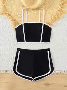 青少年女孩夏季海滩撞色边饰吊带背心和平角短裤度假比基尼两件套 - 黑色 - 查看 5