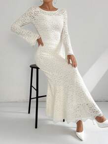 Modelyn Đầm dài tay đơn giản hàng ngày ren chắp vá màu trơn dành cho nữ - trắng - Xem 3