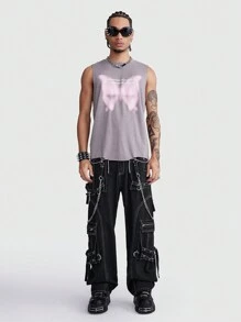 ROMWE MEN ROMWE Avant Men's Front Button Multi-Pocket Zipper Chain Decorated Denim Jeans, Casual Daily Wear - Black - View 4