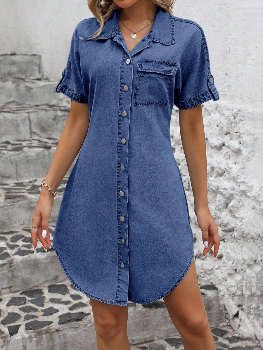SHEIN LUNE 夏季休闲纽扣前短袖牛仔连衣裙 - 深色水洗藍 - 查看 1