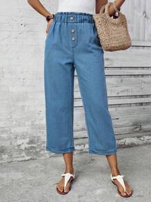 SHEIN LUNE 女士荷叶边腰部口袋阔腿宽松休闲牛仔裤