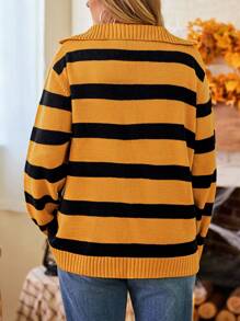 SHEIN 加大码条纹半拉链长袖休闲宽松针织套头衫，秋冬款 - 彩色 - 查看 2