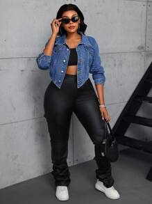 SHEIN SXY Plus Size Sexy Fringed Rhinestone Chain Backless Cropped Denim Jacket