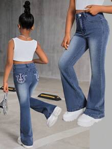 SHEIN Tween Girls Y2K Floral Embroidery Bootcut Flare Leg Jeans,Girls Summer Clothes Back To School Streetwear Outfits