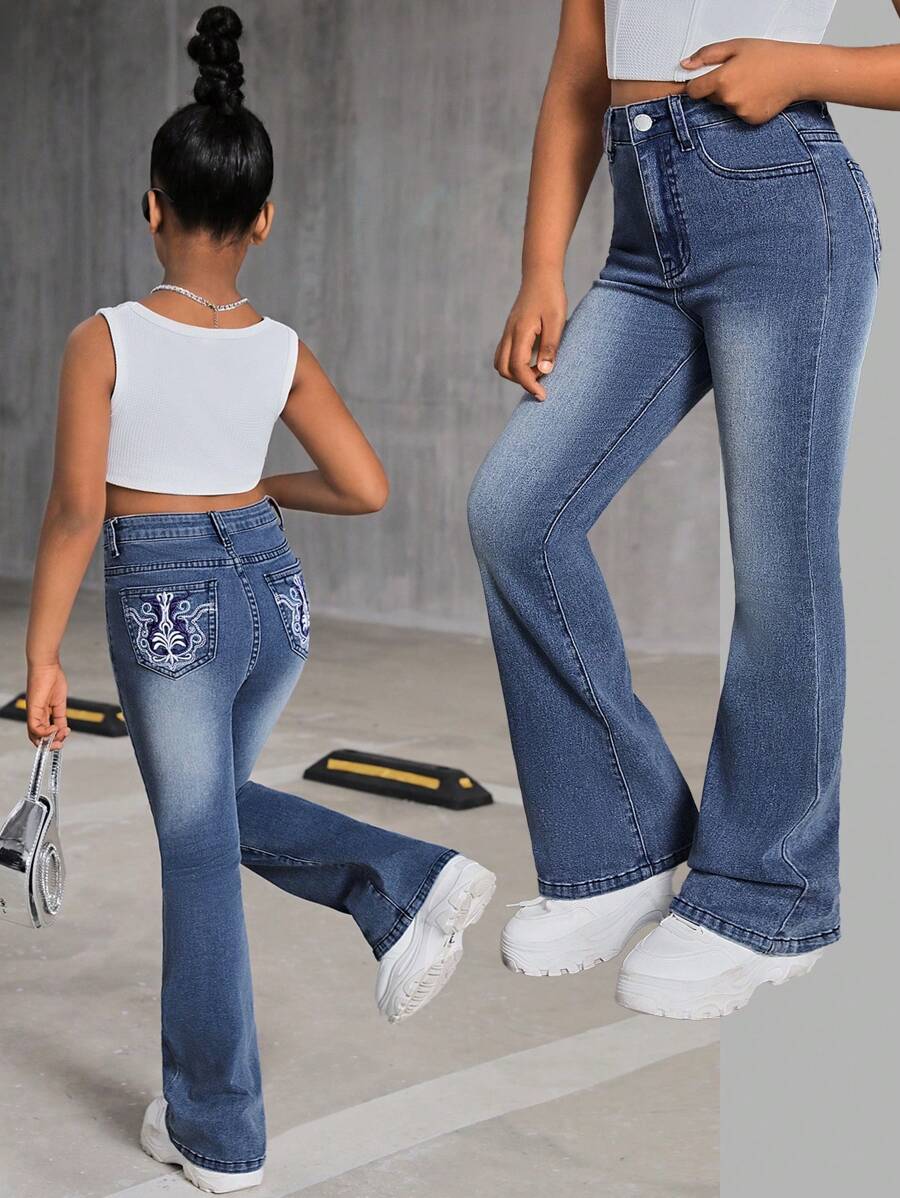 SHEIN Tween Girls Y2K Floral Embroidery Bootcut Flare Leg Jeans,Girls Summer Clothes Back To School Streetwear Outfits