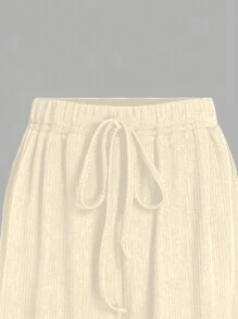 SHEIN LUNE 2 件女式 V 领短袖 T 恤上衣和抽绳休闲阔腿裤套装 - 杏色 - 查看 4