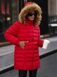 SHEIN Cottnline Zip Up Slant Pockets Padded Coat With Fur Hood - Red - View 8