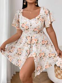 Flirla Bộ 2 chiếc Plus Size Áo ngắn tay và quần short in hoa Ditsy - Nhiều màu - Xem 5