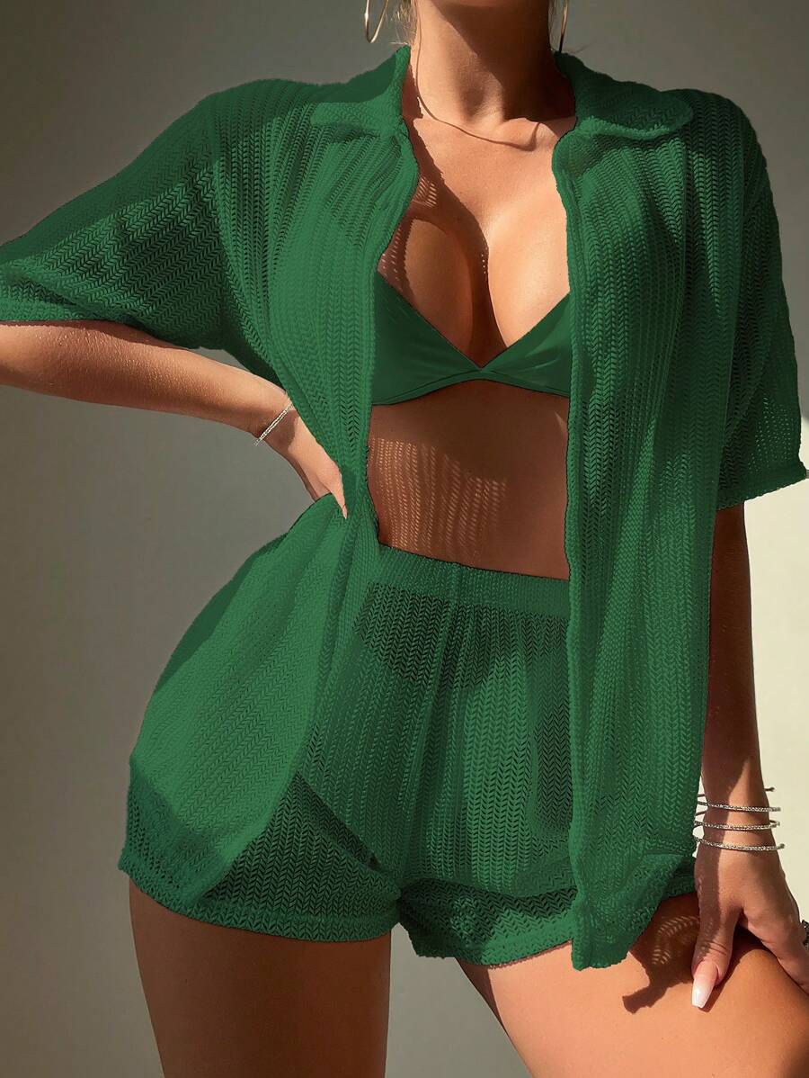 SHEIN Swim 女士夏季海灘純色下擺折疊短袖襯衫和短褲套裝(2件) - 綠色 - 查看 1