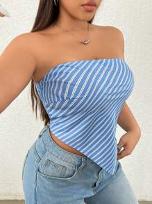 SHEIN EZwear Plus Size Casual Street Wear Plaid Bandeau Backless Striped Design Fashion Blouse