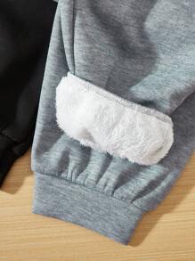 SHEIN 2 件 Tween Boy 休闲风格撞色贴片保暖内衬运动裤，适合秋冬季