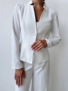 SHEIN Privé Women Regular Fit Notched Lapel Cinched Waist Coat Casual Old Money Quiet Luxury Fall Cloth For Women - White - View 3