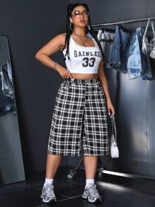 SHEIN ICON Plus Size Women's Plaid Wide Leg Loose Six-Point Jeans With Pockets