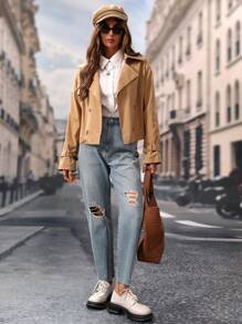 Chiquease Áo khoác dài tay ngắn cổ bẻ màu trơn thanh lịch cho nữ, mùa xuân thu - Màu Khaki - Xem 5