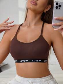 女士纯色简约风格图案背面字母条纹舒适文胸 - 咖啡棕 - 查看 4