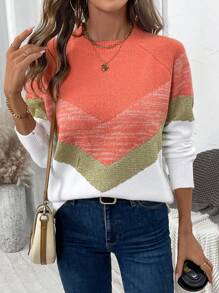 SHEIN LUNE Women's Casual Color Block Dolman Sleeve Sweater, Spring Autumn Knit Pullover Fall Winter Outfit