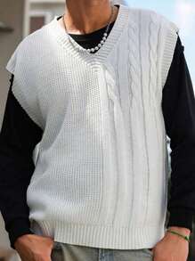 Manfinity Roghcode 男士休闲纯色毛衣背心，春季/秋季 - 杏色 - 查看 4