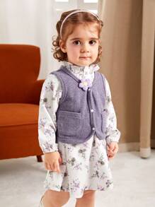 SHEIN 2 Potong Set Pakaian Bayi Perempuan Rompi Rajut Motif Bunga & Pakaian Kasual, Musim Gugur - MultiWarna - View 4