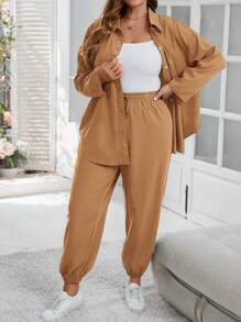 SHEIN LUNE 2 chiếc Plus Size Nút Xuống Áo dài tay rộng và dây rút Chân thẳng Bộ quần âu - Màu nâu  Mocha - Xem 1