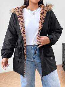 SHEIN EZwear Plus Size Women Hooded Long Sleeve Contrast Color Drawstring Fuzzy Trim Padded Coat