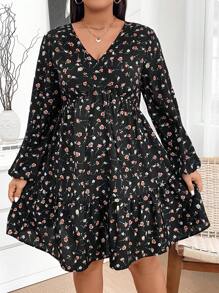 SHEIN LUNE Vestido de manga larga con cuello en V y volantes, con estampado floral desaliñado, para uso casual diario en otoño, en tallas grandes