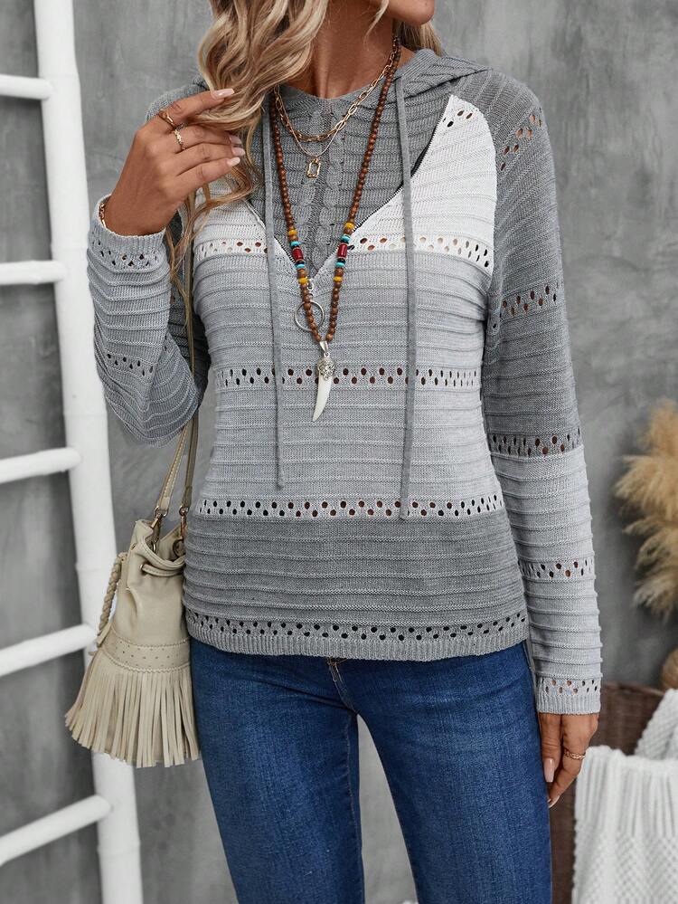 Women Colorblock Raglan Sleeve Drawstring Hooded Sweater Fall Women Sweaters Fall Outfits