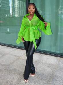 Slaydiva Camisa de mujer semitransparente de manga larga, de chifón, color verde fluorescente, con cuello con solapas, tirantes y decoración de volantes, elegante y casual