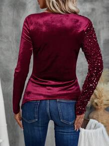 EMERY ROSE Women's Solid Color V-Neck Sequin Patchwork Long Sleeve Shirt