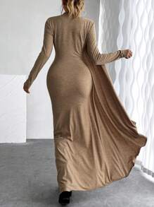 Chiquease Vestido largo liso de manga larga con bajo dividido, vestido largo nude sencillo para mujeres, casual y para vacaciones - Marrón - Ver 6