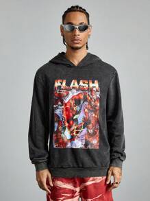 ROMWE MEN THE FLASH X ROMWE Sudadera con capucha holgada, de caída de hombro, con impresión de héroes y letras de anime, para primavera y otoño, para hombres - Negro - Ver 5