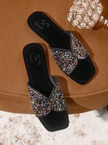 CUCCOO TILAWA New Women Outdoor Flat Sandals, Pointed Toe Fashion Rhinestone Black Velvet Slippers, Soft Bottom Casual Comfortable Summer Party Office Shoes Spring Shoes - Black - View 9