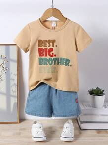 SHEIN Áo thun ngắn tay cổ tròn in họa tiết đầy màu sắc cho bé trai - Màu Khaki - Xem 6