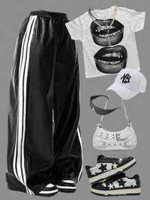 Coolane Women's  Streetwear Casual Leather Banded Texture Decoration Wide Leg Pants,Back To School Clothes,Black Leather Pants - Black - View 1