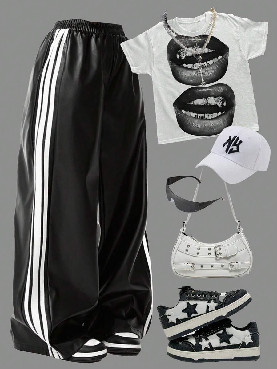 Coolane Women's  Streetwear Casual Leather Banded Texture Decoration Wide Leg Pants,Back To School Clothes,Black Leather Pants - Black - View 1