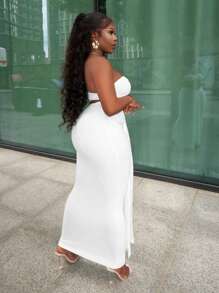 Slaydiva 2 pièces Top bandeau et jupe maxi texturée à volants et taille haute pour femme, tenue tout en blanc, pour vacances et fête sur la plage