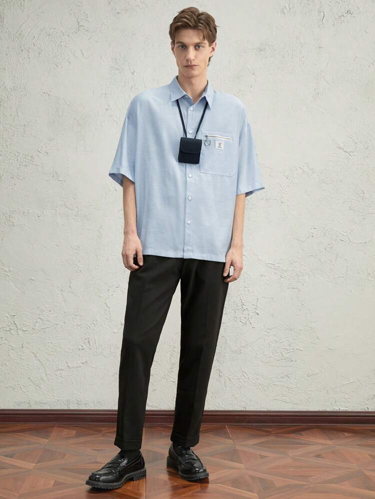 Men's Linen Blend Collared Short Sleeve Pocket Casual Shirt