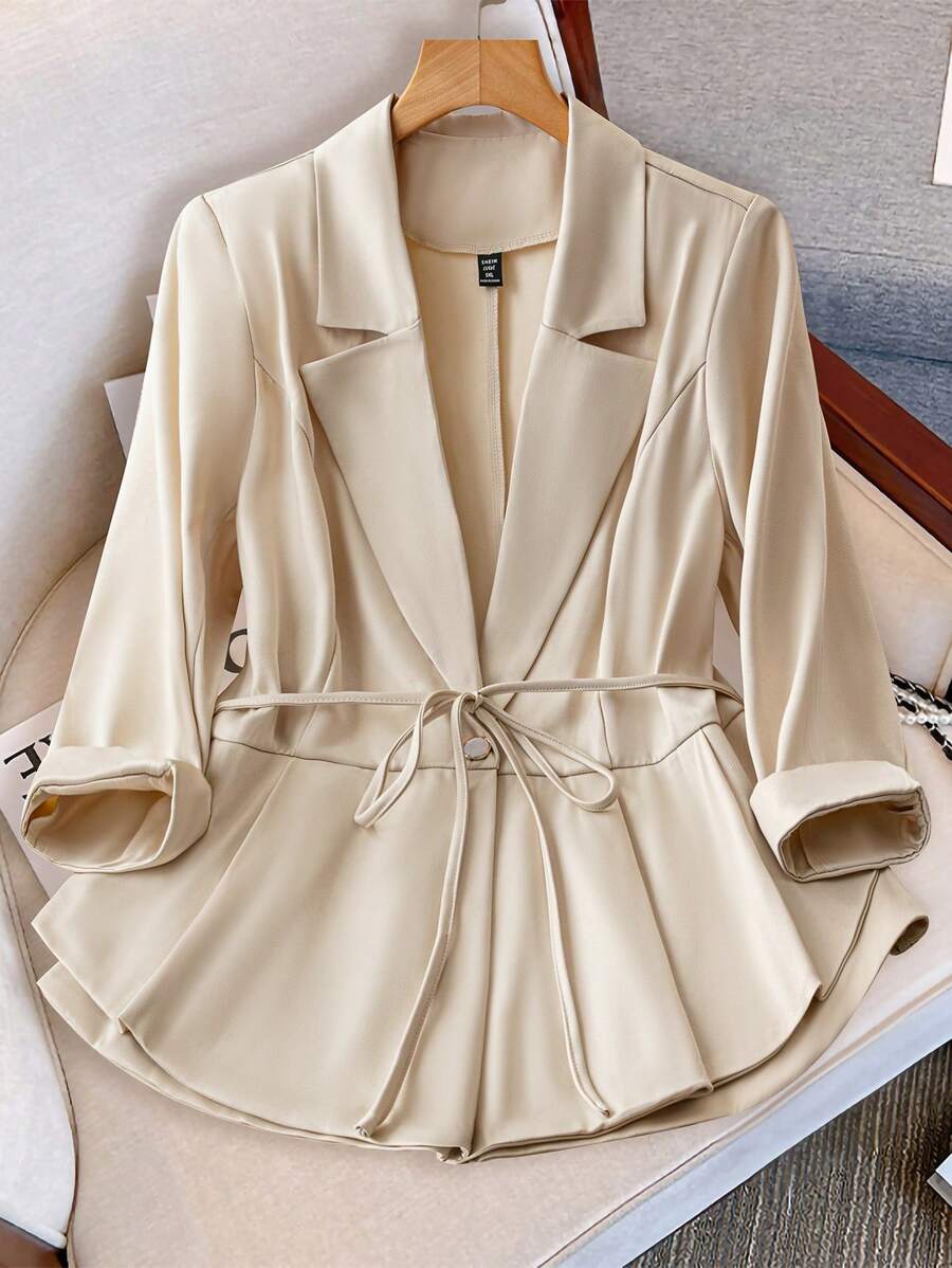 SHEIN Unity Plus Size Women's Spring And Autumn Solid Color Three-Quarter Sleeves Lotus Leaf Hem Suit Jacket - Apricot - View 1