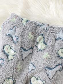 SHEIN 男婴可爱恐龙图案羊毛圆领长袖睡衣套装，秋冬 - 深灰色 - 查看 4